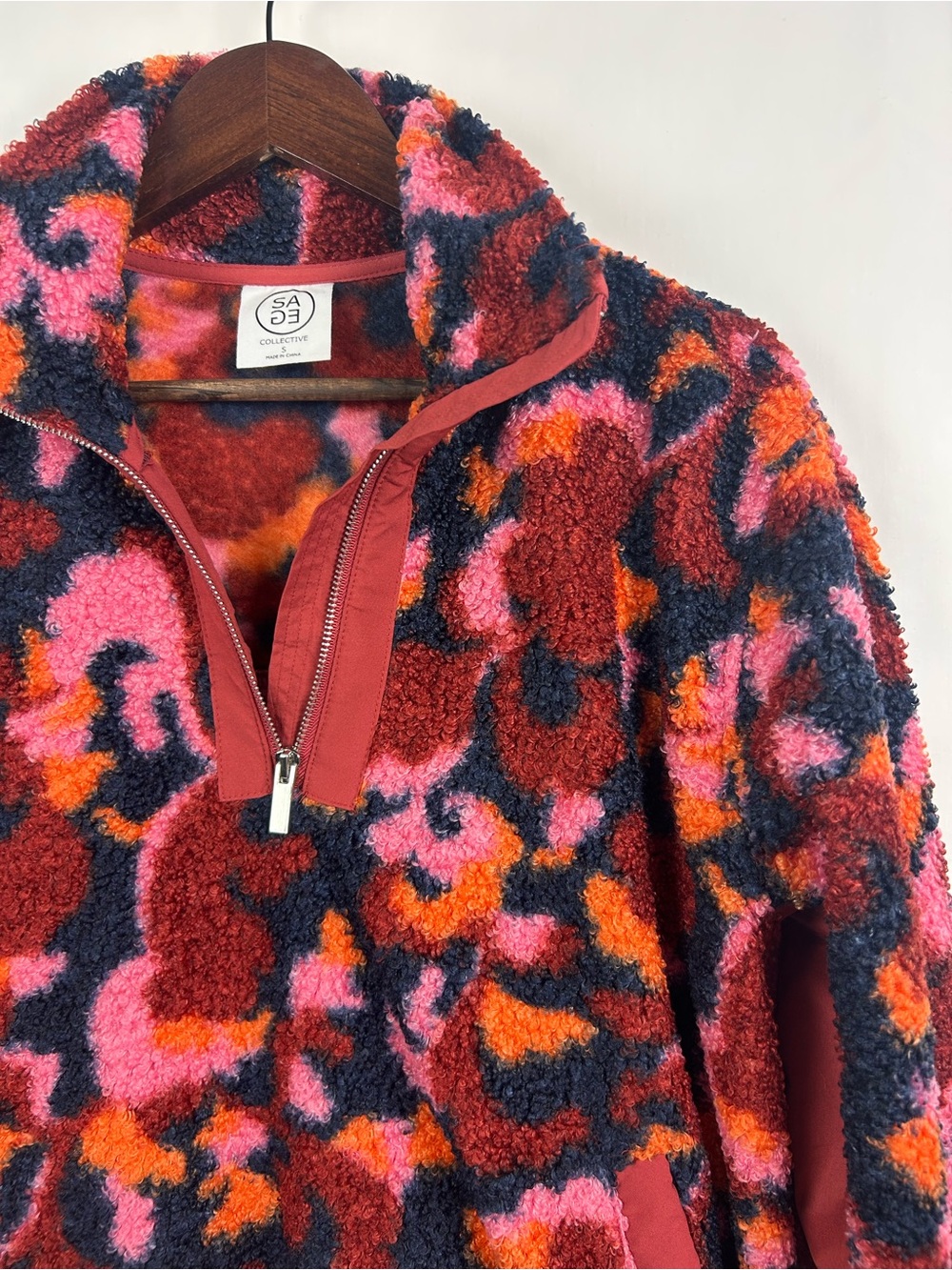 Sage Collective Colorful Abstract Sherpa Fleece Quarter Zip Pullover S